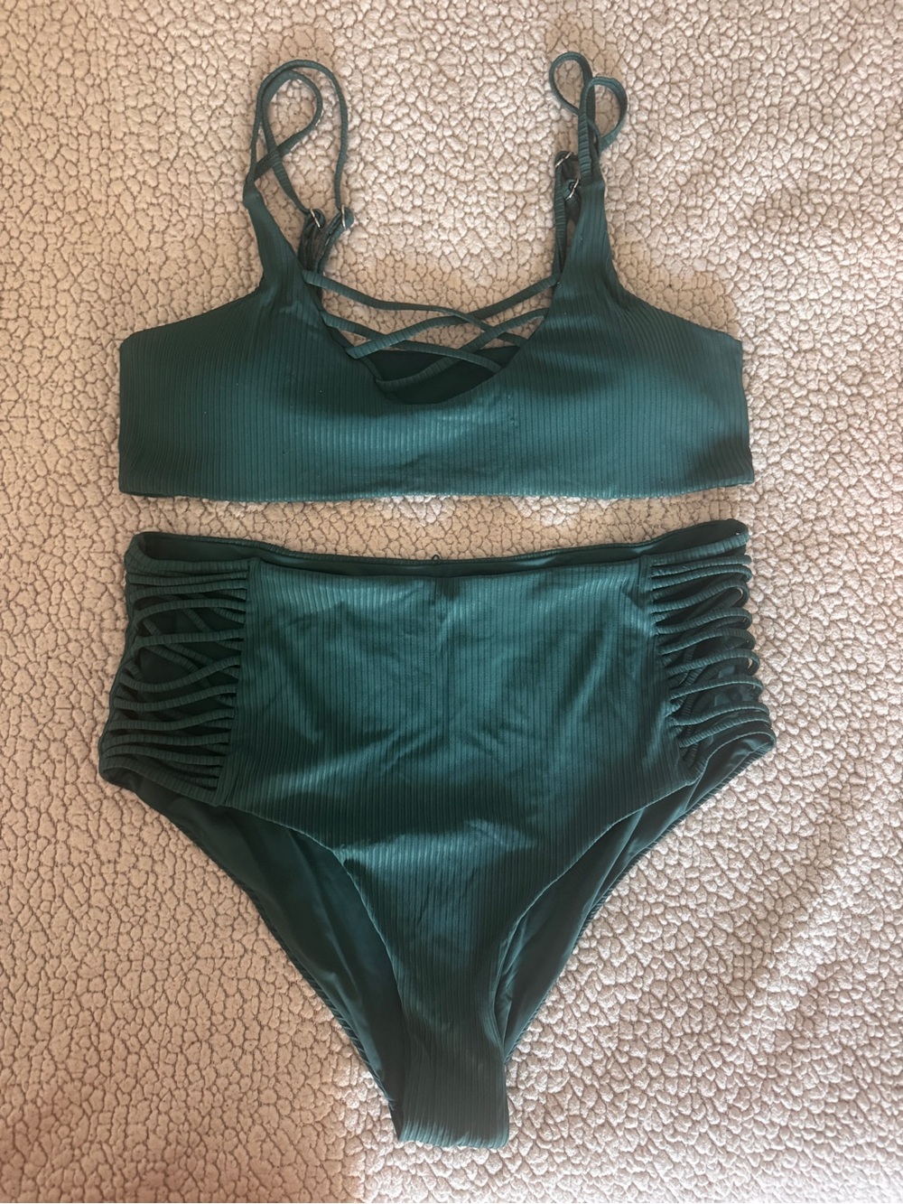 Forest Green Ribbed High-Waist Bikini Set